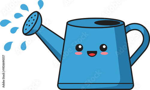 Blue watering can with water drops and happy face cartoon vector illustration for gardening and plants care 