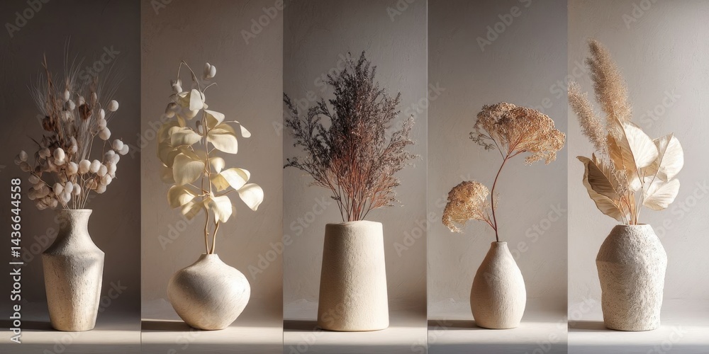 Elegant Monochromatic Ceramic Vase Collection with Botanicals