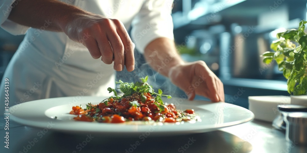 A chef skillfully garnishes a beautifully plated dish. The scene captures the essence of culinary artistry in a modern kitchen. Perfect for food blogs and restaurant promotions. AI