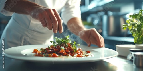 A chef skillfully garnishes a beautifully plated dish. The scene captures the essence of culinary artistry in a modern kitchen. Perfect for food blogs and restaurant promotions. AI