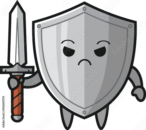 Shield character holding sword with angry expression in simple vector illustration design 