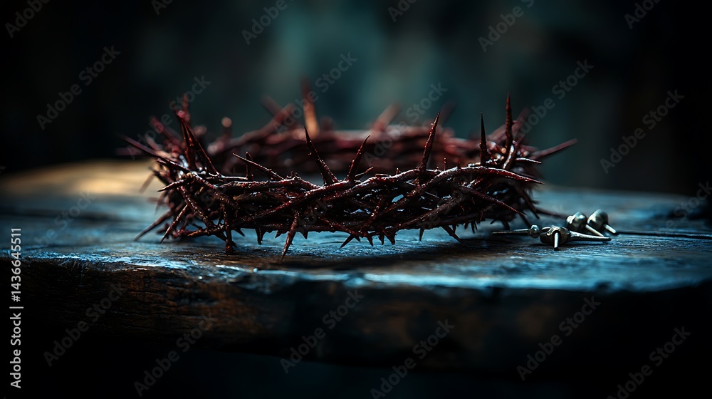 Fototapeta premium Crown thorns resting wooden table photo