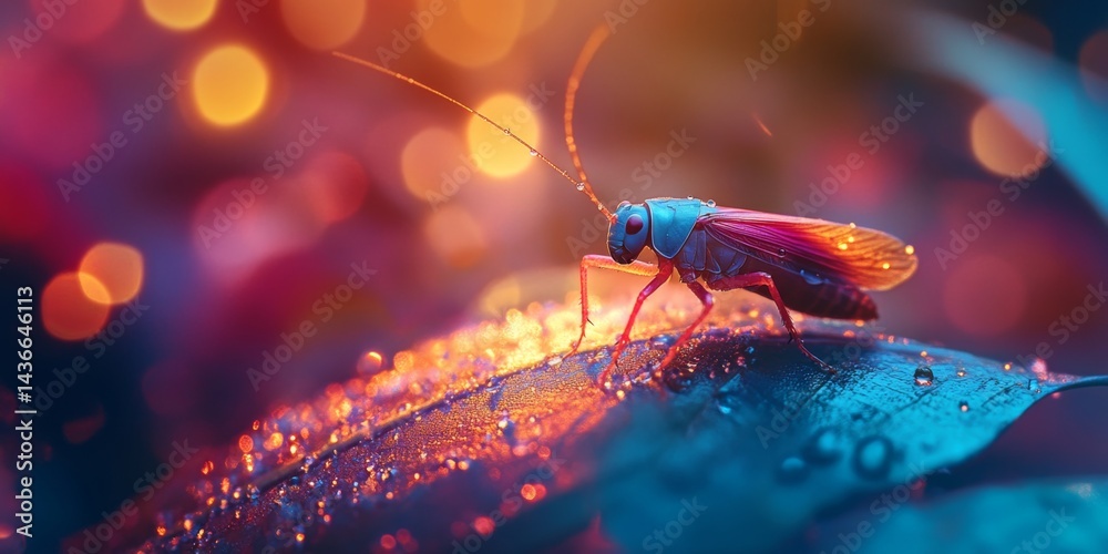 A vibrant close-up of a colorful insect resting on a dewy leaf. The blend of warm and cool colors creates a dreamy atmosphere. Perfect for nature enthusiasts and photographers. AI