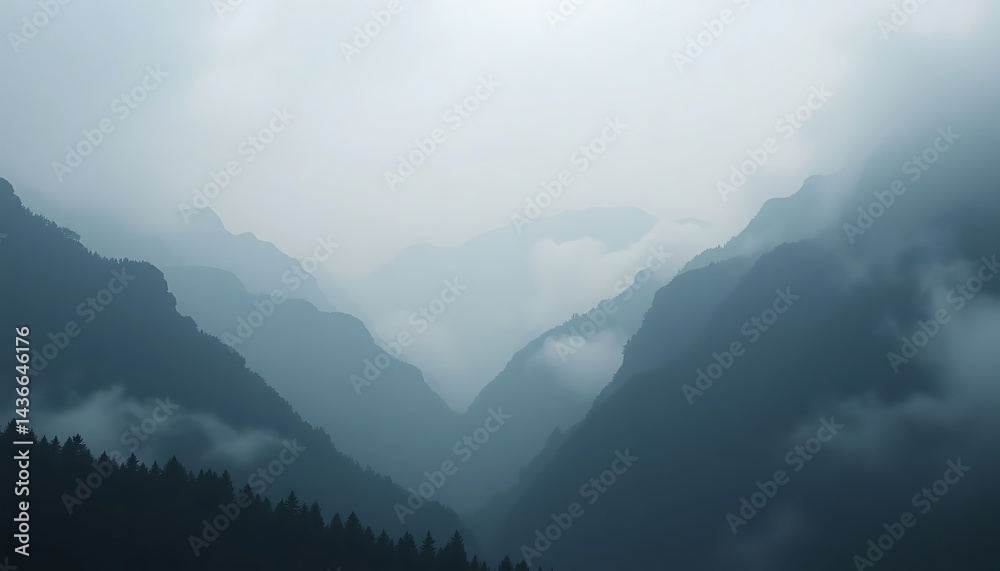 Naklejka premium view of a mountain range in the fog
