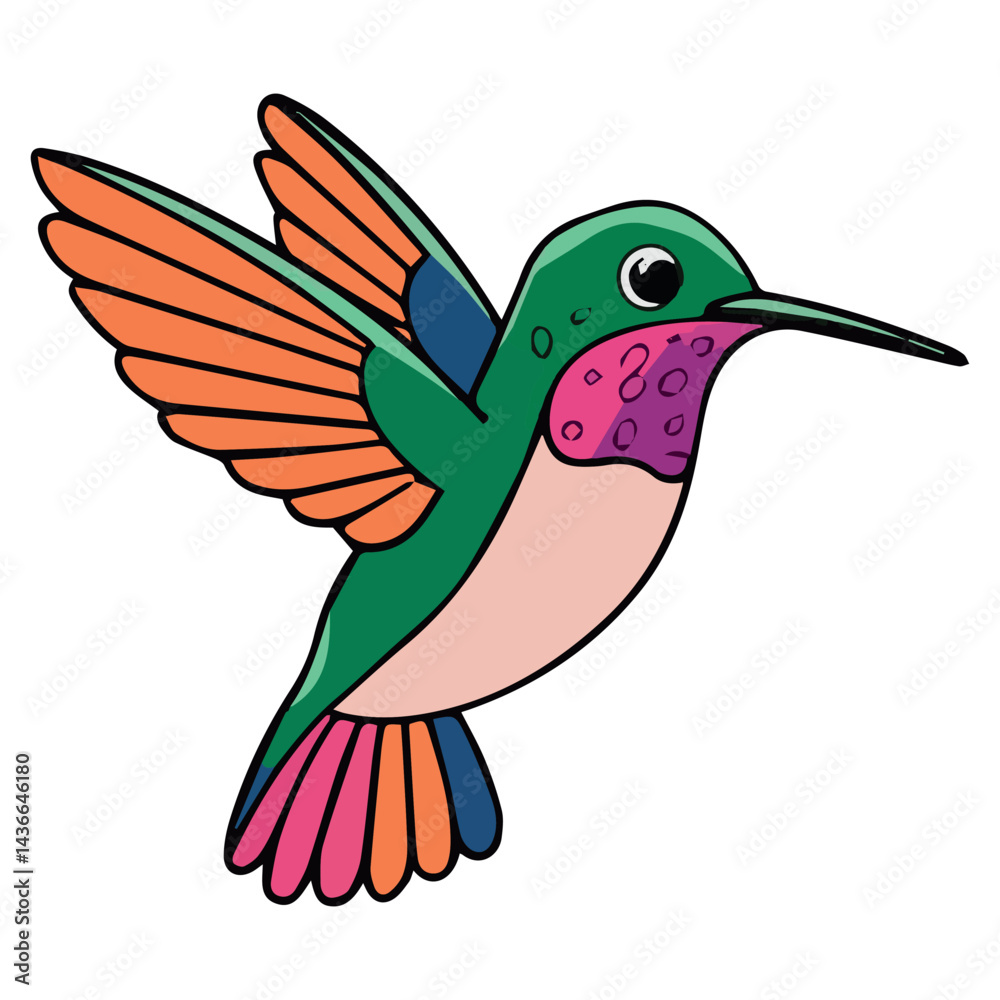 Obraz premium Vibrant hummingbird in flight colorful green pink orange bird illustration art wing beak cute fast icon avian vivid small