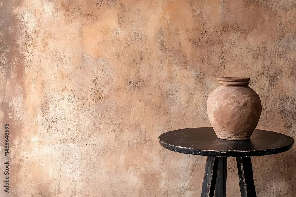 A rustic clay pot sits elegantly on a black wooden table against a textured, warm-toned wall, evoking a serene atmosphere A rustic clay pot sits elegantly on a black wooden table against a textured, warm-toned wall, evoking a serene atmosphere