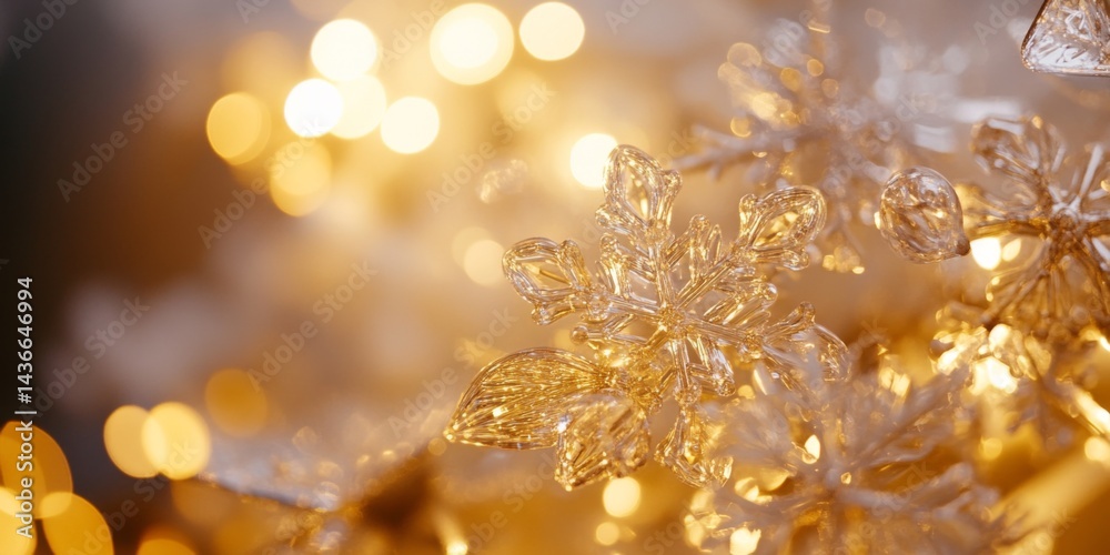 A close-up of shimmering snowflakes adorned with warm golden lights. The delicate details create a serene holiday atmosphere. Perfect for winter-themed projects and festive designs. AI