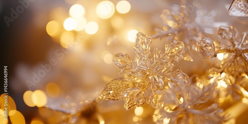 A close-up of shimmering snowflakes adorned with warm golden lights. The delicate details create a serene holiday atmosphere. Perfect for winter-themed projects and festive designs. AI