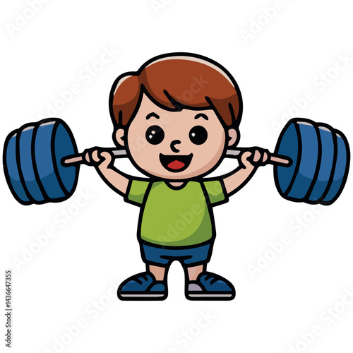 Happy cute cartoon boy lifting weights exercise fitness strong healthy child gym kid fun kids sport power young image