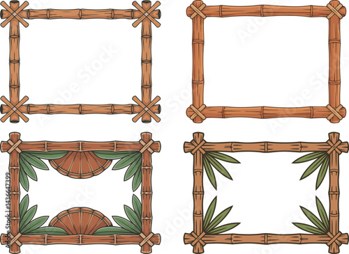 bamboo frame clipart collection, tropical wooden border designs with leaves and shells for decoration and crafts