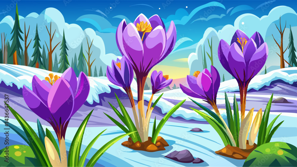 Obraz premium Purple crocuses growing through the snow in early spring
