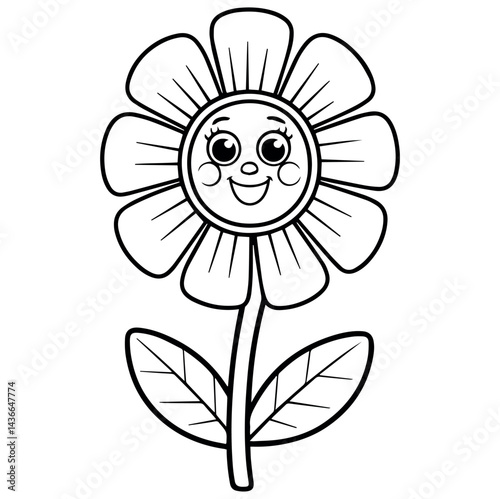 Adorable happy flower cartoon illustration for kids coloring book pages fun cute line leaf stem child black white image