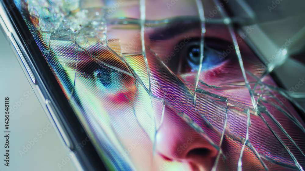 Fototapeta premium Fractured Reality: A damaged screen distorts a human face, blending vulnerability with the digital world's fragility.