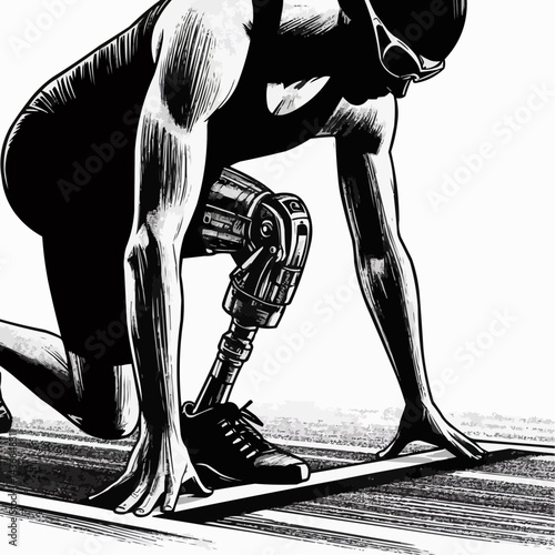 Athlete with a prosthetic leg preparing to sprint in a powerful sports illustration