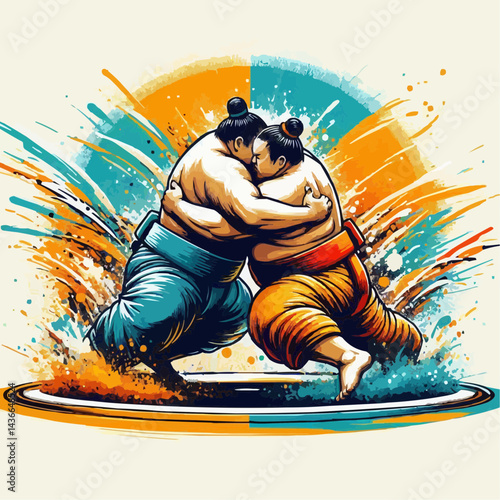 Two sumo wrestlers competing with vibrant colors and dynamic motion on a cream background
