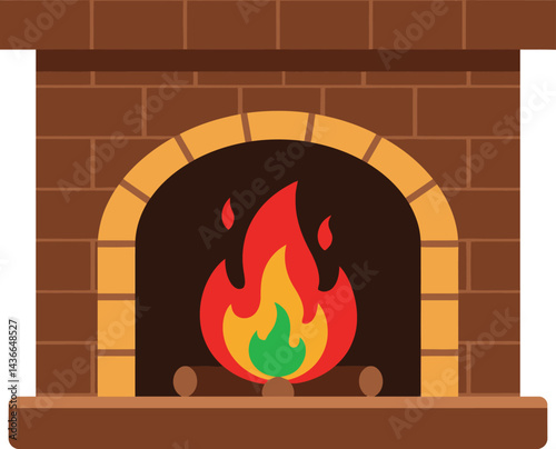 Brick fireplace with burning fire vector illustration showing warm cozy indoor heat source for home decoration and comfort 