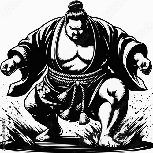 Intense sumo wrestler preparing to engage in a match with powerful stance