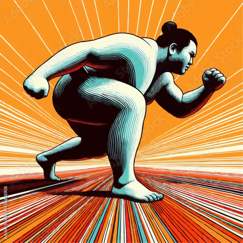 Dynamic sumo wrestler in motion, showcasing speed and power with bold colors