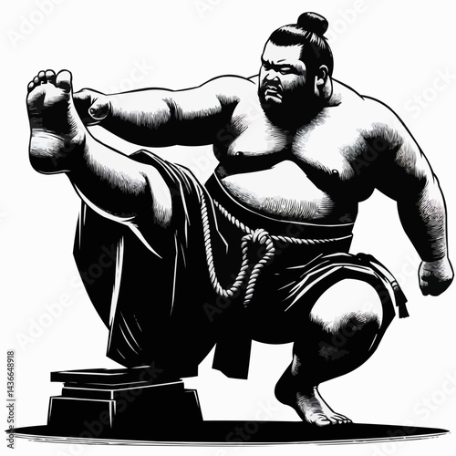 Sumo wrestler performing a powerful leg kick in dynamic combat stance