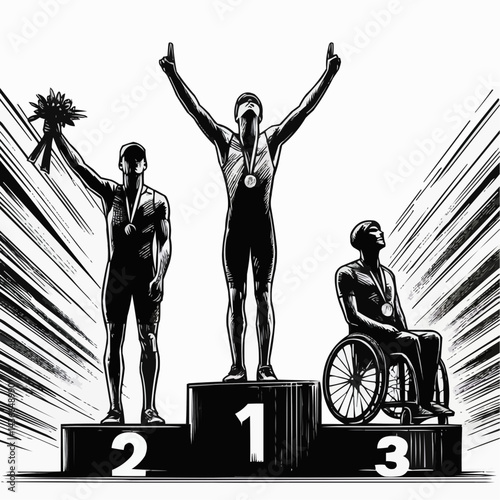 Athletes on podium celebrating achievements in sports competition