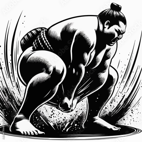 Dynamic sumo wrestler in action preparing to fight in traditional ring