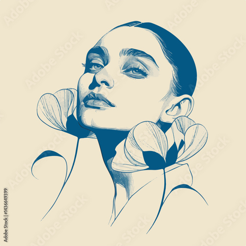 Serene Woman with Blue Floral Elements in Elegant Graphic Design with Copy Space