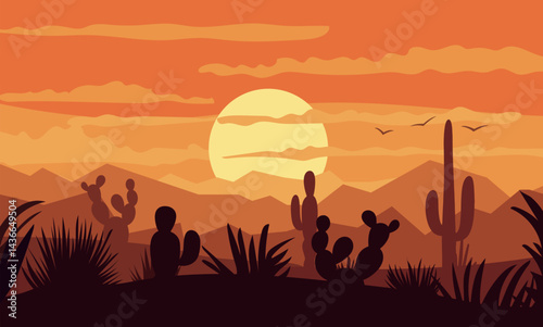 Wild west desert landscape. Western beautiful sunset background
