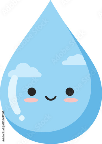 Cute blue water droplet with smiling face and kawaii style vector illustration for environmental and hydration themes 