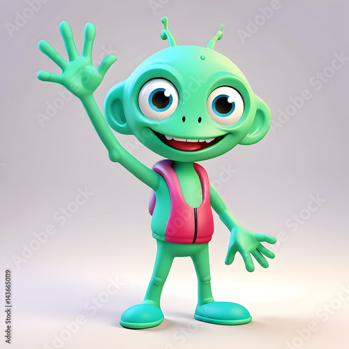 Cartoon alien greeting with wide smile, radiating playful cosmic energy for kid-friendly designs, animation projects highlighting whimsical extraterrestrial character