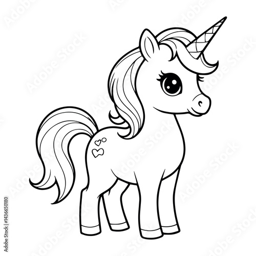 Adorable cute cartoon unicorn illustration coloring page for kids simple design fun pony line baby book horn tail horse