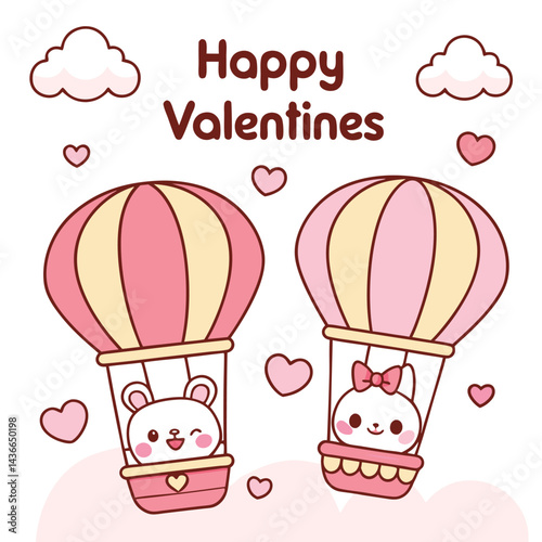 Cute animals in hot air balloons, happy valentines day