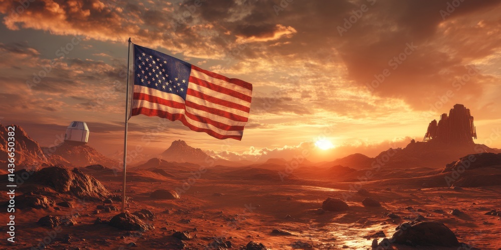 A stunning American flag waves proudly against a breathtaking extraterrestrial landscape. The sun sets behind rocky formations, creating a vivid scene. Discover adventure and inspiration. AI