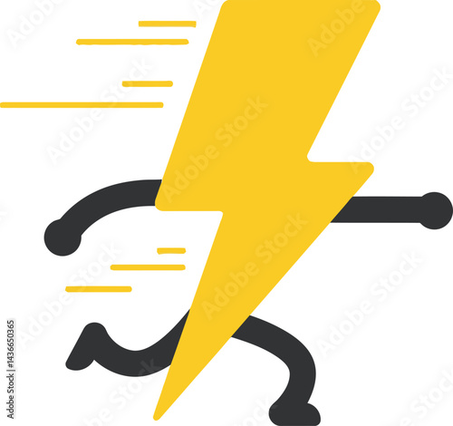 Lightning bolt with running stick figure symbolizing fast speed and energy in yellow and black vector illustration 