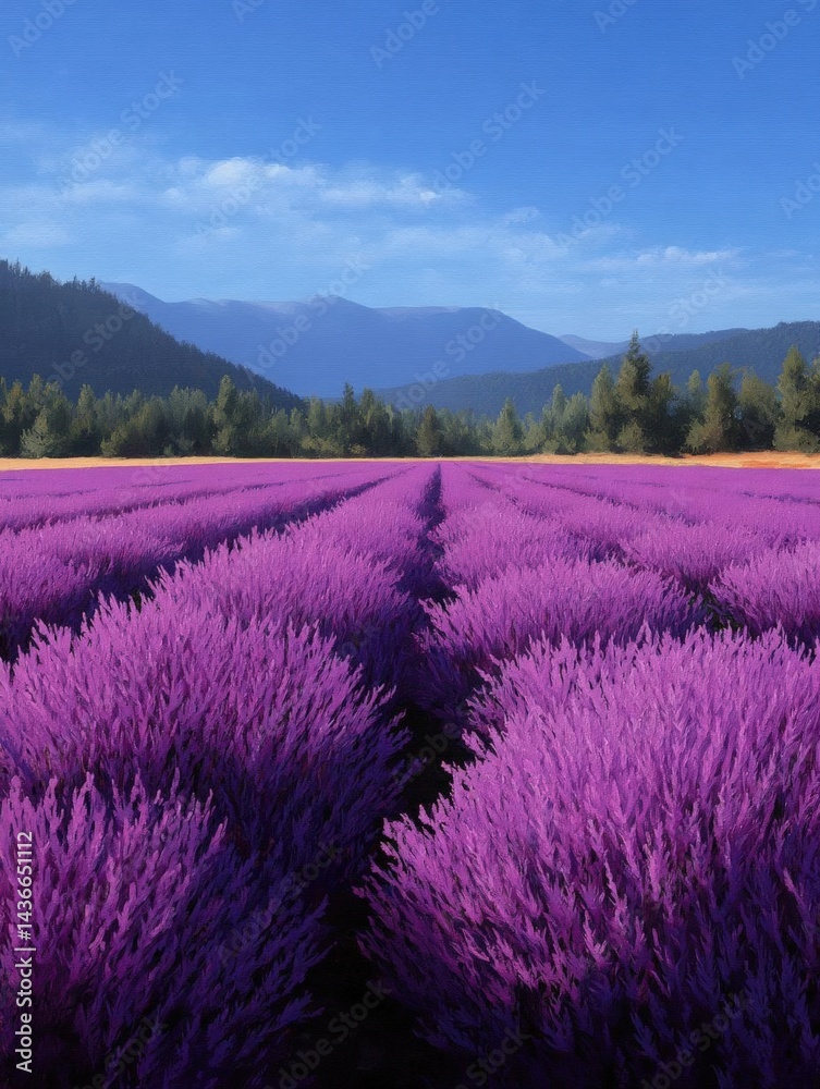 Fototapeta premium Vast field of lavender flowers with a clear blue sky in the background. the lavender plants are arranged in neat rows, creating a beautiful and serene landscape.