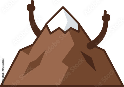 Mountain with snow cap and raised arms cartoon style vector illustration for nature and outdoor themes