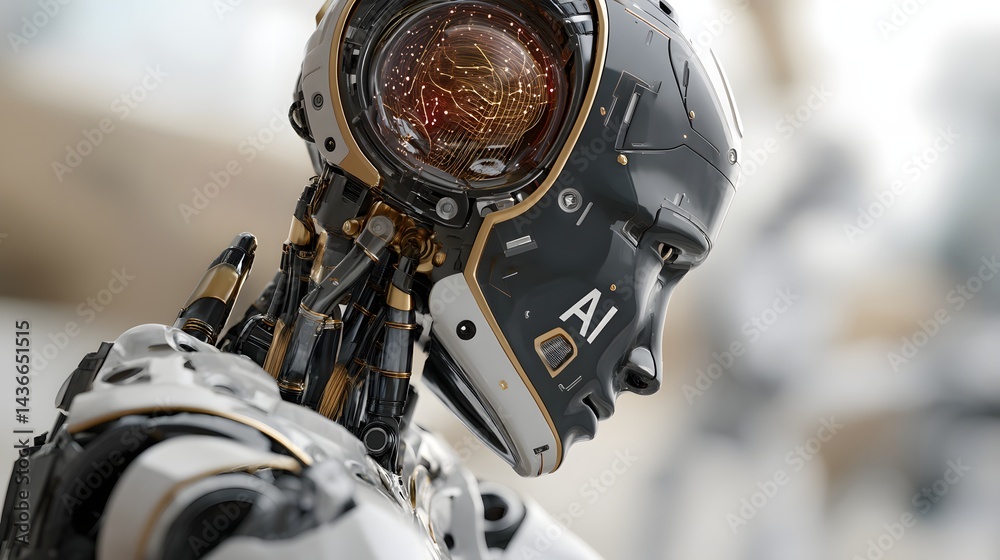 Fototapeta premium Futuristischer Roboter mit KI-Schriftzug als Vision der künstlichen Intelligenz 