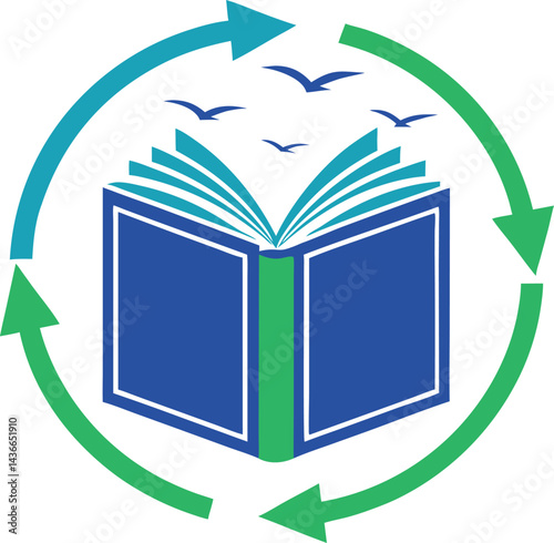 Abstract digital illustration of a stylized book with blue and green accents and swirling arrows
