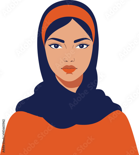 Woman wearing navy blue and orange hijab with matching top vector illustration portrait design 