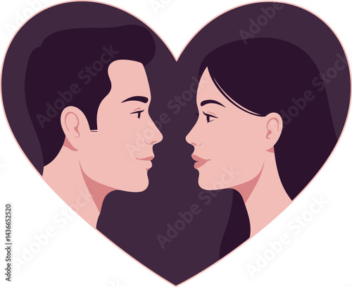 Couple facing each other inside heart shape symbol expressing love and romantic relationship vector illustration 