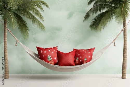 Cozy hammock adorned with vibrant pillows, surrounded by lush pa