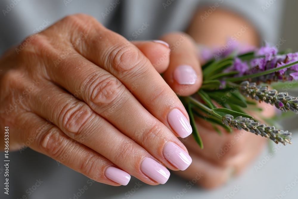 Fototapeta premium Elegant hands with a beautiful polish gently hold purple flowers, creating a cozy and inviting atmosphere that highlights personal style and care.