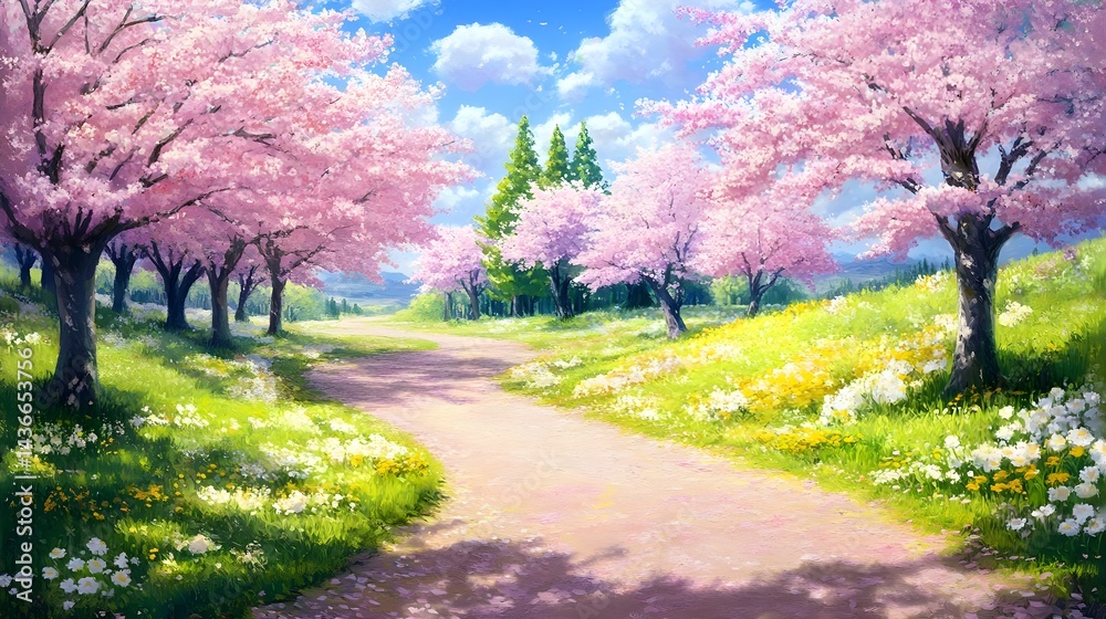 Fototapeta premium Vibrant Seasonal Landscape with Cherry Blossom Trees in Wonderland