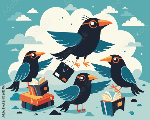 Crows carrying books through a cloudy sky, some wearing glasses, some dropping typewritten pages from their beaks