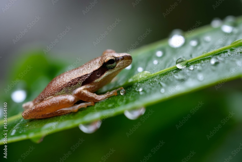 Obraz premium Small Tree Frog Resting on Green Leaf with Water Droplets After Rain, Showing Legs, Eyes and Skin Texture