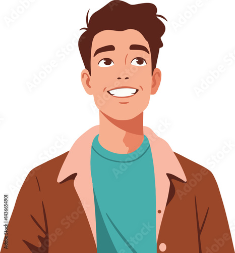 Smiling young man looking up wearing teal shirt and brown jacket vector illustration portrait 