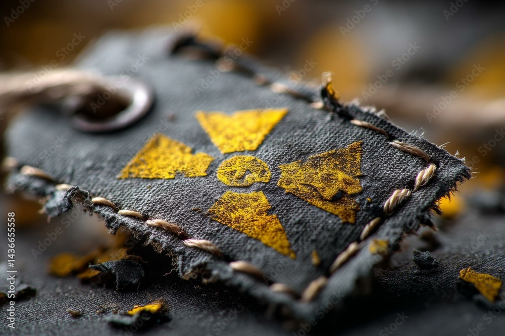 Naklejka premium Distressed Black Fabric Tag with Yellow Nuclear Symbol and Coarse Stitching Detail for Environmental Hazard Awareness
