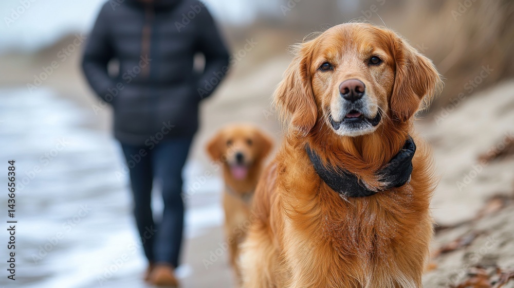 Obraz premium Golden Retrievers Walk Along the Beach with Their Owner