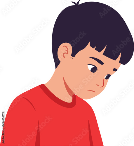 Sad boy with black hair wearing red shirt looking down in thoughtful pose vector illustration 
