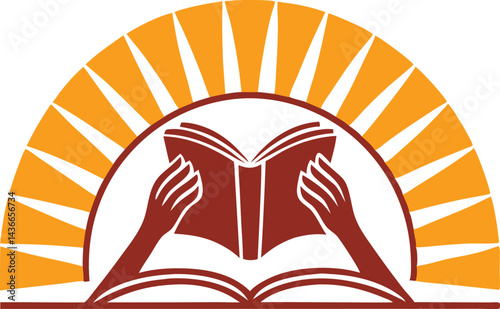 Education symbol with hands clasping open book and rising sun in brown silhouette vector art 