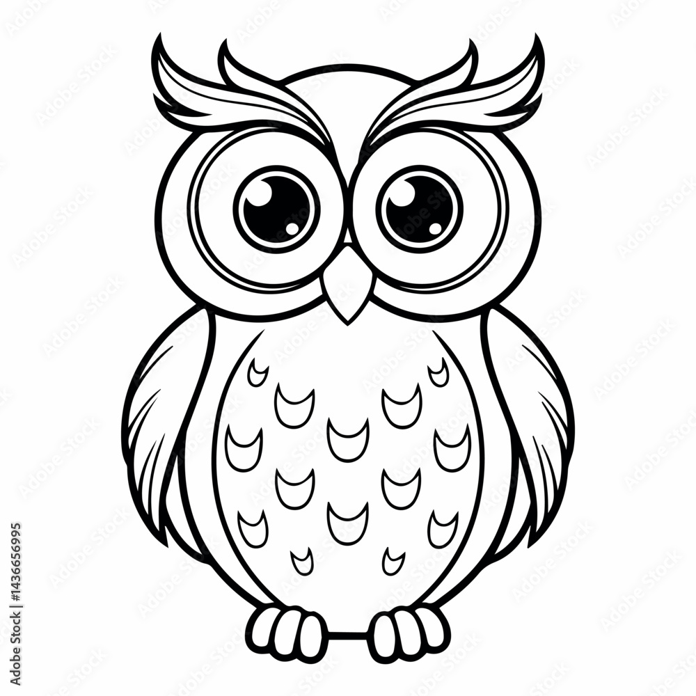 Fototapeta premium Adorable cartoon owl illustration cute bird drawing black and white simple line art design perfect for kids coloring pages